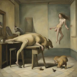 a chimera in a subliminal room, a chimera in a subliminal room, depicted by balthus