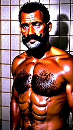 photo of stocky marocan with magnum moustache 40 years old under the shower, hairy chest, big tights, in a old bathroom, misery and poverty, photorealism, 35mm lens, ultra detailed