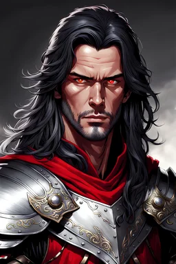 40-year-old boy with long black silver highlight hair and red-colored eyes in armor cloak