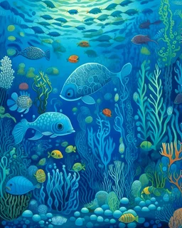 A blue underwater reef with fish and jellyfish designed in African masks painted by Georges Seurat