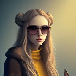 Girl with long wavy brown blond hair, yellow hawk eyes. Wears Hogwarts Hufflepuff uniform, sunglasses with a yellow clip.