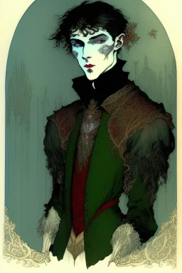 17 year old boy, orc facial features, dressed in noble clothes, friendly, with upturned nose, short tusks in lower jaw, in the style of Harry Clarke