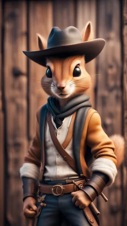 portrait in front of wooden wall depicting a handsome bad ass cowboy Lucky Luke squirrel ninja with lasso ,bokeh like f/0.8, tilt-shift lens 8k, high detail, smooth render, down-light, unreal engine, prize winning