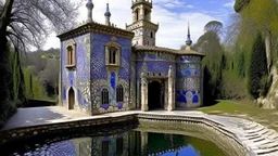 A violet mad doctor's chateau with a toxic moat designed in ancient Roman mosaics painted by Pablo Picasso