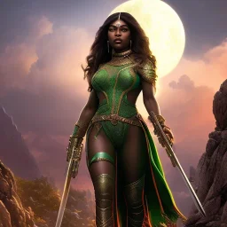 fantasy setting, dark-skinned woman, indian, green hair on the front