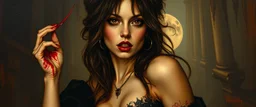 master oil painting by Rembrandt, good afternoon bitch scary hot seductive female vampire stylistic poster