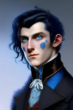 young black haired blue eyed dandy wizard in the style of beresford egan