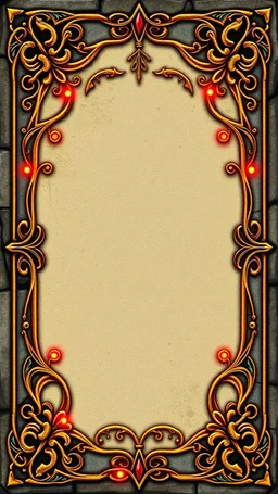 "Whimsical, fantasy-themed card border, intricate stone and gold filigree with tiny rat paw prints hidden in the design, playful medieval style, glowing runes, ornate yet readable, decorative corners, vibrant fantasy color palette."