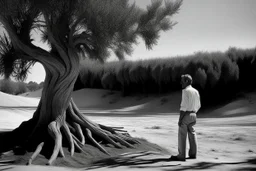 Al estilo visual de la primera temporada de la serie True Detective, un hombre observa una tumba de arena junto a un gran árbol sobre la que reposa una cornamenta de ciervo, fotografía en blanco y negor. Disparo con cámara Leica