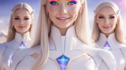 cosmic woman ,beautiful ufos rainbow, admiral from the future, galactic confédération, fine whole face, crystalline skin, expressive purple eyes,rainbow, smiling lips, very nice smile, costume pleiadian, Beautiful tall woman pleiadian Galactic commander, ship, perfect datailed golden galactic suit, high rank, long blond hair, hand whit five perfect detailed finger, amazing big puple eyes, mouth, high définition lips, cosmic happiness, bright colors