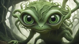 A close-up view of a green, alien-like creature with large eyes and a textured, organic body surrounded by twisted, vine-like appendages against a