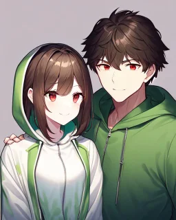 He is 17 years old, feminine in appearance but is a boy, has short dark brown hair, wears a green blouse with a zipper and hood and a white shirt underneath, has red eyes, Determined smile, dark background reminiscent of a nightmare