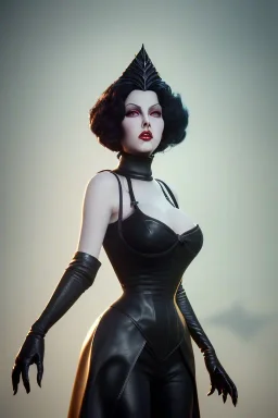 Lana Turner as evil queen in black leather, leather, busty, cleavage, angry, stern look. character design by cory loftis, fenghua zhong, ryohei hase, ismail inceoglu and ruan jia. unreal engine 5, artistic lighting, highly detailed, photorealistic, fantasy