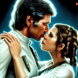 carrie fisher kissing harrison ford, waist up portrait, intricate, oil on canvas, masterpiece, expert, insanely detailed, 4k resolution, cinematic smooth, intricate detail , soft smooth lighting, soft pastel colors,