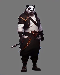 Cool Panda assassin boss in clothes game character, dark lighting , Blender, octane render, high quality masterpiece