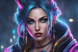 Jinx in 8k arcane drawing style, Dismal them, neon effect, close picture, rain, highly detailed, high details, detailed portrait, masterpiece,ultra detailed, ultra quality