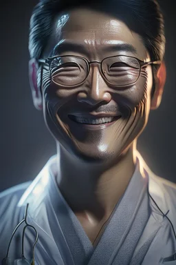 asian surgeon portrait smiling, scalpel pose, dark lighting, hyper-realistic, Meticulously intricate perfectly symmetrical extremely detailed, portrait, pixiv daily ranking, pixiv, extreme depth of field, artstation, spectacular details, volumetric lighting, masterpiece, cinematic, Hollywood production, 8k resolution, high definition, max octane render, vivid colors, max resolution, unreal engine , max perfectionism, realistic composition, professional photography, max focus, masterful technique