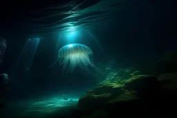 méduse dans une caverne souterraine, surréaliste, photographie dans une tranchée en haute mer, panorama, image de résolution 8k, brillante et brillante., photo réaliste, photo réaliste 4k, contenue d'un film fantastique, bioluminescent, petit jet de lumière