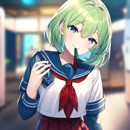 Clear focus, High resolution, short light green hair, blue eyes, wearing a sailor uniform, red tie, wearing a sailor skirt, eyes closed, smiling with mouth open, 1girl, spiky hair