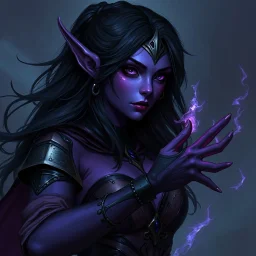 drow elf woman, sorceress, dark hair, purple skin, digital art, dark fantasy