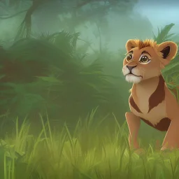 picture for children's book showing a cute baby lion behind tall grass in the jungle.