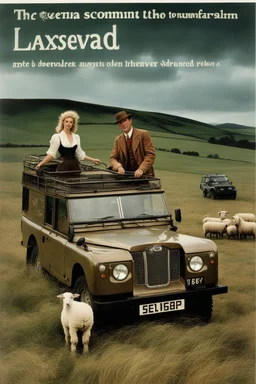 big (AUTOFARM) title at top ,landrover sheep, steampunk man, working in field, 80s advertisment with beautiful women