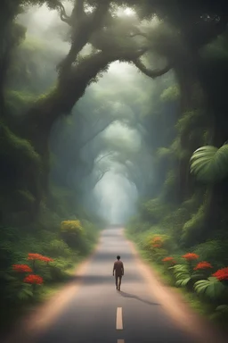 there are two human friends. no one in the road and walking in the jungle.large trees.short road.beautiful flower