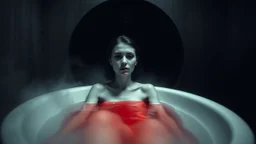 monochrome photo of very blur face pale woman sitting in bath tube around her red water, in bath, blur fog, background one black demonic shadow, dark gray old wall, darkness around, sad, surreal dark vibe, dark colors, in wall circle dark deep abyss,splash art, cinematic, depressive vibe