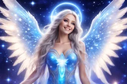 angel cosmic women with long hair, light eyes and blue brightness tunic, with a little sweety smile, with big crystal wings, in a background of stars and bright beam in the sky