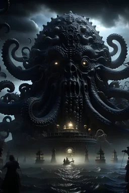 Digital art, high quality, digital masterpiece, natural illumination, stormy day, spotlight, realistic, film style, beautiful, (full body:3), (1 lovecraftian deity:3), (multiple eyes:1.8), (crazy eyes:1.6), black tentacle, multiple mouths,dark tones, sad sky, rainy, (Ancient temple:1.8)