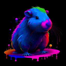 anime Capybara with neons red, blue, purple and pink colours in a melting cirlce with black background