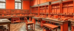 A salmon orange colored workshop with machines painted by Leonardo da Vinci