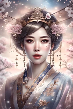 galactic japanese priestess woman detailed beautifull, innocence and gentle face2 with a little smile 2,brown hair brown eyes fine gold lace garments in light blue and pink with ethereal background with cosmic atmosphear and a lot of cherry blossoms, sideral atmoshpere. More light background 2 more pink Cherry blossoms, more gold,