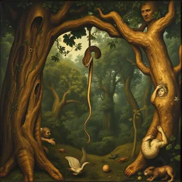 Serpent in the garden of Eden hanging from branch of the tree of knowledge. Sinister, profound, grand, expansive, and fantastical atmosphere of EDEN, matte oil Renaissance painting, by Bosch and Botticelli, classic ecclesiastical painting, looks aged