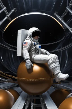 close side view of An astronaut sitting on a large steel ball.floating in the air, wide legs, holding on to the chain