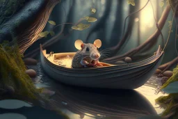 mouse in boat, in forest by stream, book illustration, fine detail, 4k, trending, volumetric light, depth of field