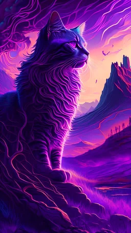 majestic cat, psychedelic, violet tones, fantasy landscape