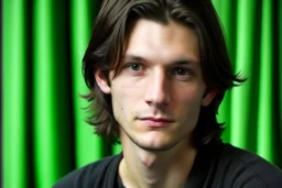 a young male with shoulder length black hair and green eyes, slight smile