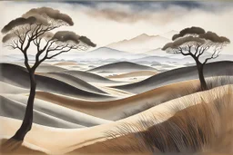 paper cut out of fog shrouded, grassy sand dunes with scrubby trees in the style of gray sand, almondine, and laurel oak, realist detail, soft watercolours, illusionistic ceiling frescoes, minimalist detail, album, folio and fan formats, fine lines, delicate curves --ar 2:3 --style raw --v 5.1 --s 750