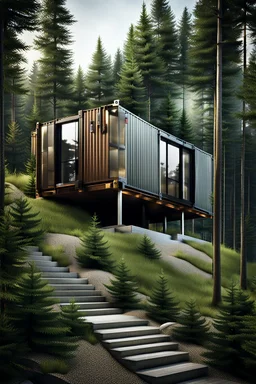 Medium sized, modern house made from shipping containers, on a hill in the woods, photorealistic