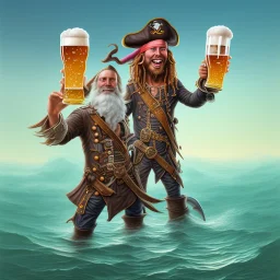 Die digitale Illustration zeigt einen Piraten mit kurzen, schwarzen, lockigen Haaren und einem runden Gesicht. Er trägt Piratenkleidung und hält einen Becher Bier in der Hand. Der Hintergrund der Illustration ist das Meer, auf dem ein Piratenschiff segelt. Verschiedene Zitrusfrüchte liegen verstreut herum und die Farben sind gedämpft. Die Illustration zeichnet sich durch detaillierte Fantasy-Kunsttechniken und eine auffällige Komposition aus. Der Pirat hat einen dynamischen Posing-Stil und 