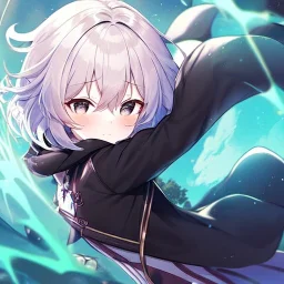 floating in air, backflip,{{anime}}, detailed beautiful short hair,{{fluffy hair}}, delicate and intricate hair, black loose raincoat with hood, purple and black eyes, blush, beautiful detailed eyes, {beautiful face}, cinematic light,{masterpiece}, beauiful illustration, offical art, upanime