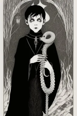 7 year old boy, necromancer, friendly, looks dead,with a lamprey serpent , wearing black robes, in the style of Harry Clarke