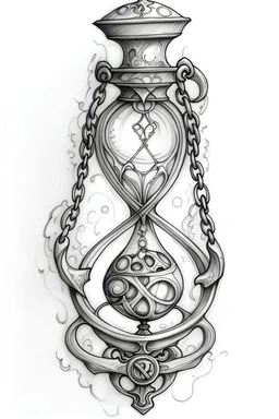 A sketch of a magical locket filigreed with silver in the shape of an hourglass made of bone