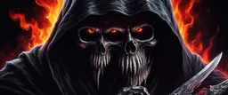 ultra high image quality, hell infused Grim Reaper Close-up of an set against AMOLED-worthy pure black backdrop, fantasy art style infused with filter, tailored for vertical wallpaper, exclusive design with no duplicates, radiating beauty suitable for a PC screen image, vivid colors, ultra fine, digital painting.