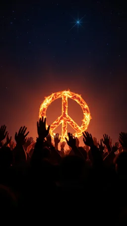 A field of random people rising hands up in a bright lighting , in the background a glowing stars and a huge circle of the peace sign with fire’s texture