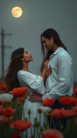 A handsome wan with long hair and a beautiful woman both wearing white clothes hogging each other in a romantic scene in the field of poppys by and oswaldo guayasamin and alexandre archipenko and yannis moralis in the style of , Artstation Deviant art, natural lighting accent lighting, in the street, intricate scenery highly detailed a full moon on the horizon