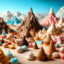 a landscape made of ice cream, with montains made of ice cream cones