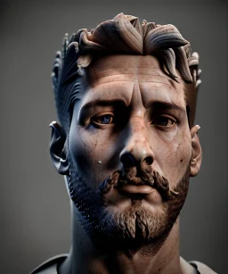 Gran angular, Realistic image, roman sculpture, marble material, Lionel Messi with Laurel wreath model, miguel angel style, emperador, God light, god rays, 4k resolution, perfect details, ornate details, soft lighting, unreal engine 5, soft cyan background.