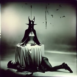 Photorealistic polaroid nothingness and distressing anguish desperate figure Hieronymus Bosch night, shot on Hasselblad, movie shot, details of the dress accentuated, nightmare, hypermaximalist, obsessive, hypnotic, Yves Tanguy